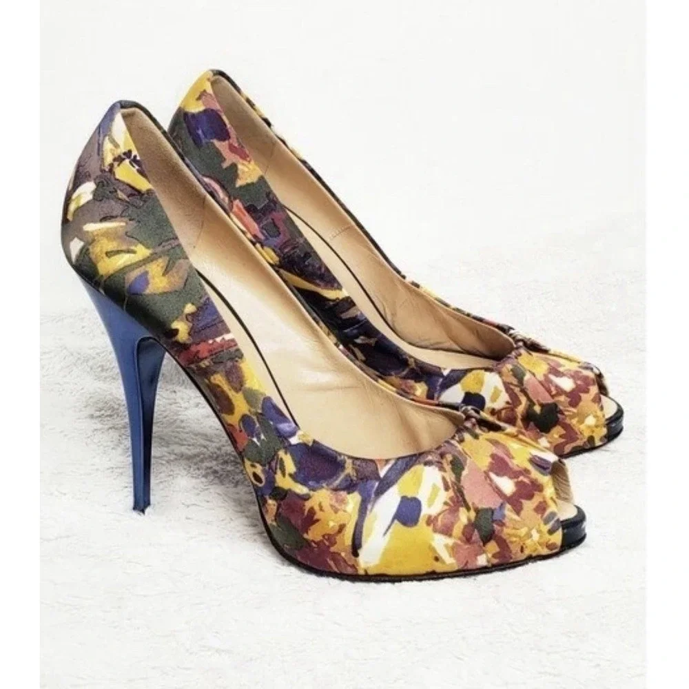 Giuseppe Zanotti Floral Silk Peep Toe Blue‎ Heels Pumps Size 9